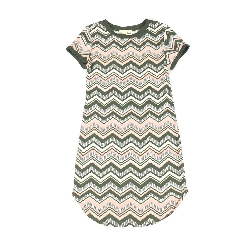 New Sauci Zig Zag Print Short Sleeve Casual Dress Size Small Womens Green Pink